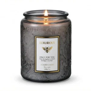 Customizable 200g Embossed Glass Jar Soy Wax Handmade Art Scented Candle Natural Essential Oil Smokeless Premium Thanksgiving