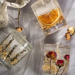Customizable Styles Luxury Hand Made Gold Foil Jelly Candles Gel Wax Dry Flower Candle