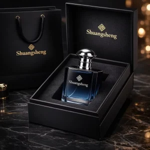 Customized Sample Custom Eco Friendly Perfume Box Set Recycled Biodegradable Double Open Gift Box with Blue Perfume Bottle