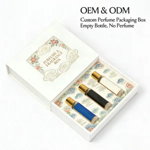 Drawer Perfume Box Gold Foil Floral Design for Rollerball Set 3 Vials Luxury Fragrance Packaging OEM