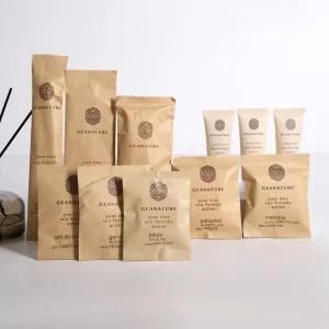 Eco friendly Biodegradable Hotel Guestroom Amenities Set Plastic free Compostable fsc Kraft Sachets for Sustainable Hospitality