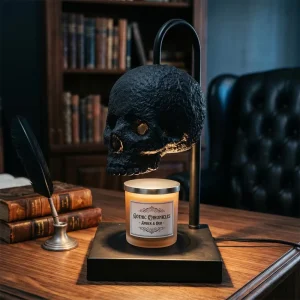Electric Flameless Skull Candle Warmer Gothic Table Lamp with Dimmer Timer Adjustable Height for Spooky Bedroom Halloween Decor