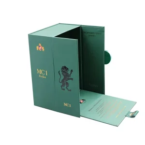 Emerald Green Perfume Packaging Box Double Door Opening Rigid Gift Box with Velvet Foam Insert for Fragrance Set Custom