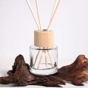 Empty 50ml Glass Reed Diffuser Bottle Cylinder Shape Essential Oil Aroma Wooden Cap