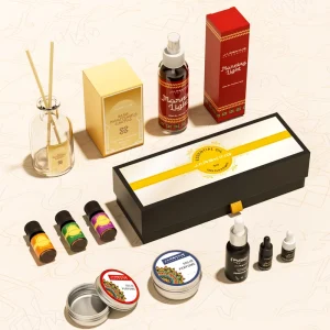 Empty Arabian Scent Bottle Set with Glass Reed Diffuser, Cosmetic Spray, Dropper Bottle, and Oud Packaging Box