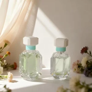 Empty Faceted Glass Perfume Bottle Refill Spray 30ml 50ml Geometric Gem Turquoise Band Matte White Cap 42mm