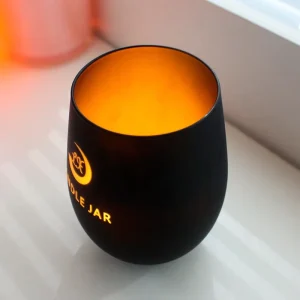FENGJUN Laser Engraving Logo Internal Glossy Gold Colors Egg Shape Tumbler Blown Thin Wall Round Candle Jar With Bamboo Lid