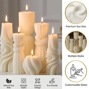 Factory Luxury Handmade Modern Art Geometry Pillar Soy Wax Ribbed Candle for Holiday Christmas New Year Home Decorations