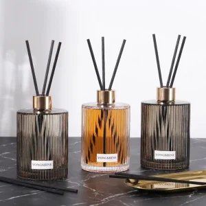 Factory Supply Black Tint Glass Flat Luxury Ribbed 200ml Empty Reed Diffuser Bottle with Acid Etch Design