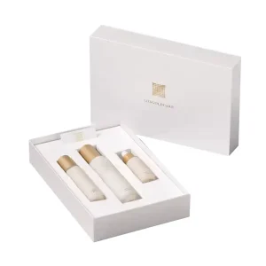 Foil Stamp Custom Logo Recyclable White Cardboard Cosmetic Gift Set Packaging Luxury 30 50ml 100ml Perfume Bottle Set Box Sponge