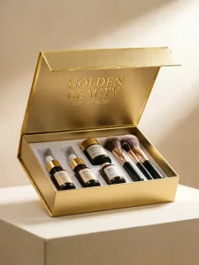 Gold Cardboard Beauty Set Packaging Box Premium Paper Gift Box for Hair Oil Bottle & Cosmetic Sets
