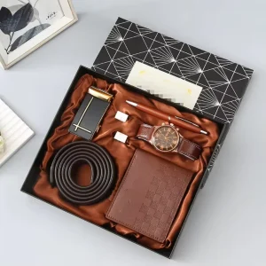 Hand Gift Business Gift Set Leather Belt Wallet Perfume Key Chain Pen Men’s Quartz Watch case