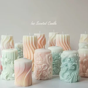 Handmade 3D Sculpted Gradient Color Pillar Candles with Wave and Floral Relief