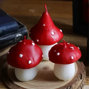 Handmade Mushroom-Shaped Red and White Scented Candles for Halloween and Forest-Themed Decor