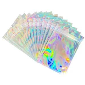 Holographic Zipper Mylar Bags Colored Laser Film Three Side Sealing with Window for Jewelry Earrings and Cosmetic Accessories