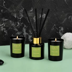 Home Fragrance Gift Set Reed Diffuser Candle Set with Black Glass Bottle for Bedroom Living Room