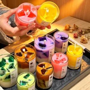 Iced Coffee Scented Candle Double Layer Colorful Fruit Design Fresh Air Festive 4 12 Hour Burning Time Indoor Photography Prop
