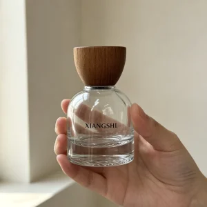 Ins Style Round Clear Glass Unisex Perfume Bottle Natural Wooden Cap Empty Glass Perfume Bottle
