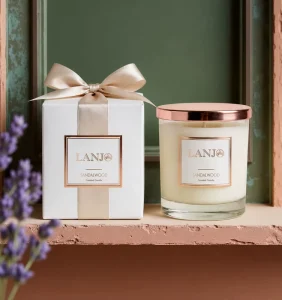 LANJO Natural Soy Wax Candle With Rose Gold Metallic Lid White Ribbon Gift Box for Home Ambiance