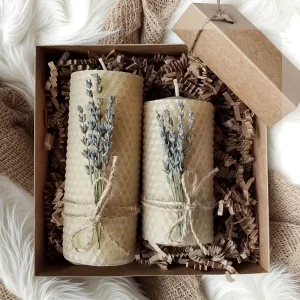 LANJO Set of 2 Lavender Scented Pillar Beeswax Candles Non Toxic Natural Beeswax Candle Gift Set for Gifts Party Use Rituals