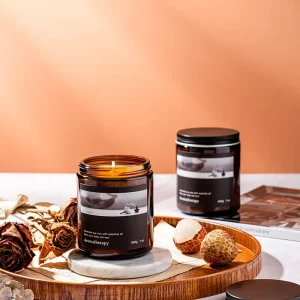 Large Amber Glass Jar Aromatherapy Scented Candle With Black Lid Soy Wax Long Burn Time Custom Logo Home Fragrance Gift Candle