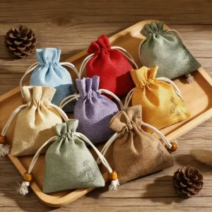 Linen Drawstring Bags Cotton Linen Brocade Bags and Mugwort Filled Mosquito Repellent Sachets Aroma Pouches