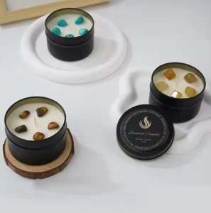 Long Lasting Soy Wax Blend in Durable Tin Vessel Crafted with Crystal and Floral Elements to Release a Balancing Scent Ideal