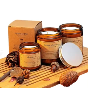 Long Lasting Soy Wax Blend in Traditional Amber Glass Container Crafted to Release a Warm Inviting Scent Ideal for Bedroom