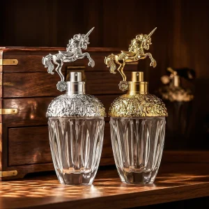 Luxury 50ml 80ml Glass Perfume Bottle with Box Crystal Unique Unicorn Cap Refillable Custom Logo OEM ODM High Quality