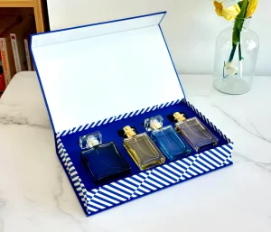 Luxury Blue Rectangle Glass Perfume Set 4 Bottles Refillable Eau De Parfum Fragrance Paper Box With Magnetic and Hollow Inlay