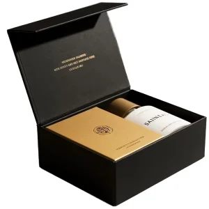 Luxury Custom Logo Matte Black Magnetic Gift Box Gold Foil Hot Stamping Rigid Perfume Fragrance Packaging Box for Gift Set