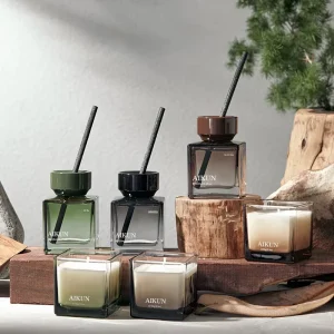 Luxury Glass Aroma Oil Reed Diffuser Set with Black Fiber Sticks and Candle for Home Fragrance