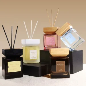 Luxury Glass Reed Diffuser Long Lasting Natural Essential Oil Multi Scents Wood Lid Home Indoor Air Freshener