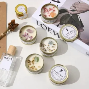Luxury Gold Tin Scented Candle with Soy Wax Dried Florals for Premium Handmade Gifts