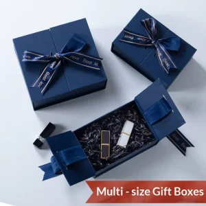 Luxury Navy Blue Double Door Gift Box with Ribbon Bow Gatefold Kraft Paper Cosmetics Jewelry Set