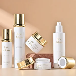 Luxury White Opal Glass Cosmetic Packaging Set with Shiny Gold Pump Caps for Skincare Serum and Cream