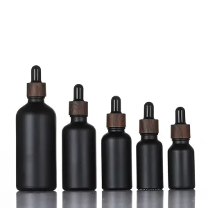 Matte Black Essential Oil Glass Dropper Bottle With Dark Wood Collar 5ml 100ml