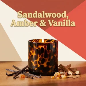 Mid Century Modern Boho Style Vanilla Sandalwood Soy Wax Tortoiseshell Glass Jar Scented Candle