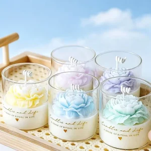 Multi Color Peony Flower Shape Aroma Candle Glass Cup Scented Candle for Wedding Party Gift