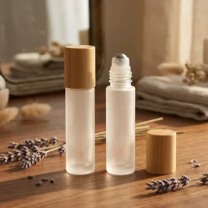 Natural Cosmetics Packaging Bamboo Cap Roll on Glass Perfume Bottle 10m Ball Bottle Perfume Glass Roller Bottle with Steel Ball