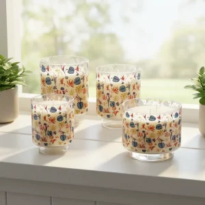 Natural Soy Wax Scented Candle in Small Floral Print Glass Jar Infused with Essential Oils for Calming the Mind Relieving Stress