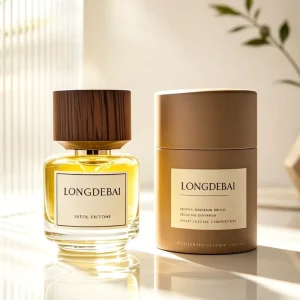 New Design Mini Round Clear Glass Crimp Perfume Bottle 30ml Empty Perfume Spray Bottle with Wood Cap and Packaging Box
