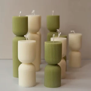 Nordic Style Ribbed Hourglass Pillar Candles Green & Cream Geometric Scented Candles for Minimalist Home Decor