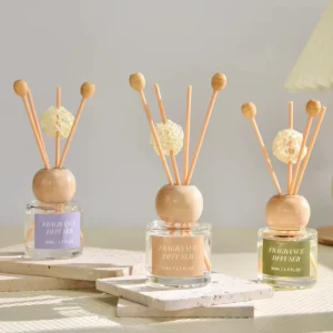OEM 50 ml Reed Diffuser Set with Home Decor Fragrance, Essential Oil Refills, Glass Bottle and Wood Cap, Air Freshener
