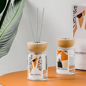 OEM ODM Private Label Modern Art Reed Diffuser Round Wood Lid Abstract Figure Sticker For Wedding Fragrance Gift Box