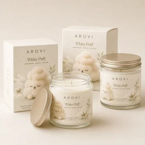 OEM Soft Toy Candle 150g White Tea Soy Wax Glass Jar Candle with Gold Lid and Custom Gift Box