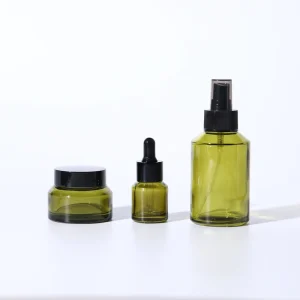 Olive Green 15ml 30ml 50ml 100ml Personal Care Cosmetic Packaging Cream Jar Spray Bottle Glass Essential Oil Dropper Bottle Set
