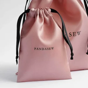 PandaSew Custom Logo 13x10cm Pink Drawstring Satin Package Jewelry Pouch Dust Bag