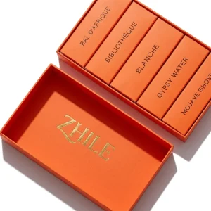 Perfume Discovery Set Box Custom Logo Hot Stamping Box Satin Ribbon Handle Luxury Box Matt Finish Rigid Perfume Box Packaging