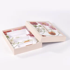 Pink Floral Printed Two Piece Box With Three Slot Paper Tray Compartment Rectangular Cosmetic Set Rigid Gift Box